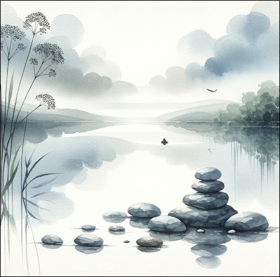 Watercolour of a misty lake with stepping stones and a small boat
