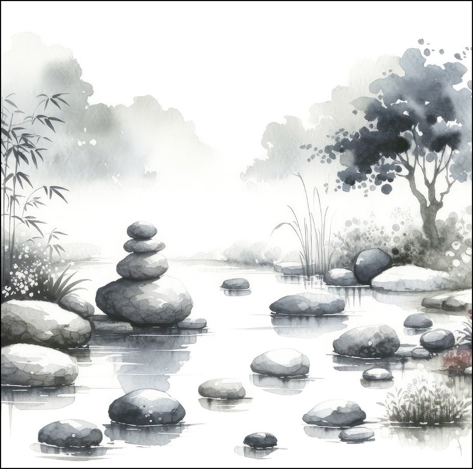 Watercolour of stacked stones beside still water